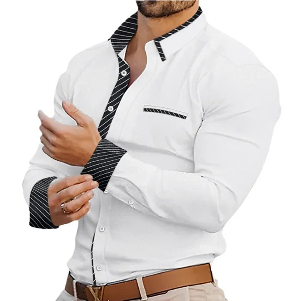 For Business Mens Long Sleeve Shirt Button Down Muscle Shirt Polyester Regular Length Solid Color Casual Collar