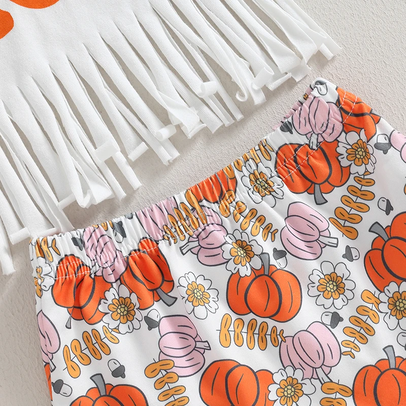 

Adorable Infant Girl Halloween Costume Set with Short Sleeve Tassel Top Pumpkin Shorts and Bow Headband - 3 Piece Outfit