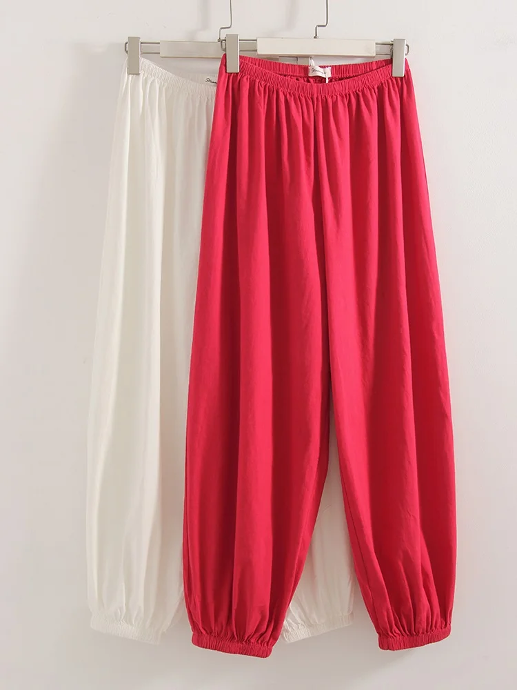 Wide Leg Red Pants For Women Cotton Long Bloomers White Autumn Elastic Waist Lantern Trousers Women Straight Practice Pants Lady
