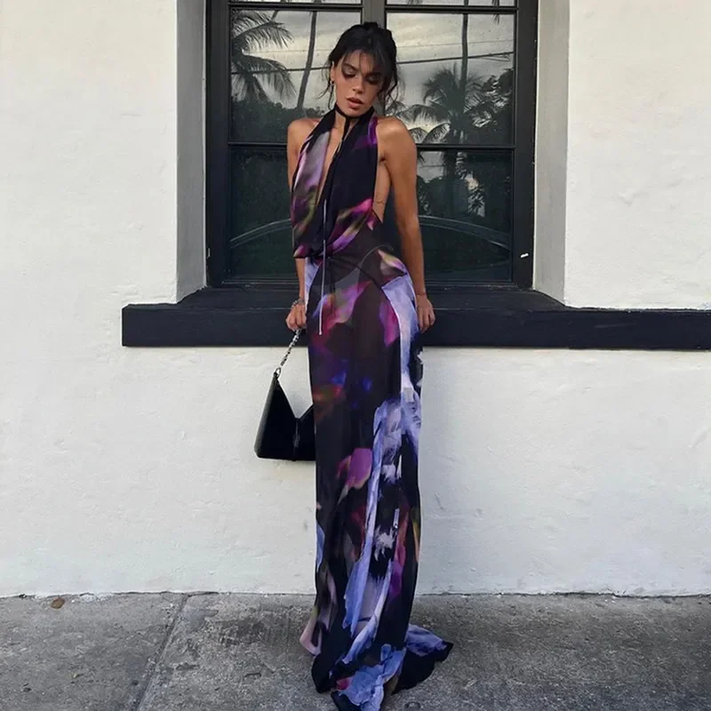 

Meqeiss New Sexy Backless Halter Print Maxi Dress Elegant Outfits for Women Summer Draped Sleeveless Dresses Holiday Beachwear