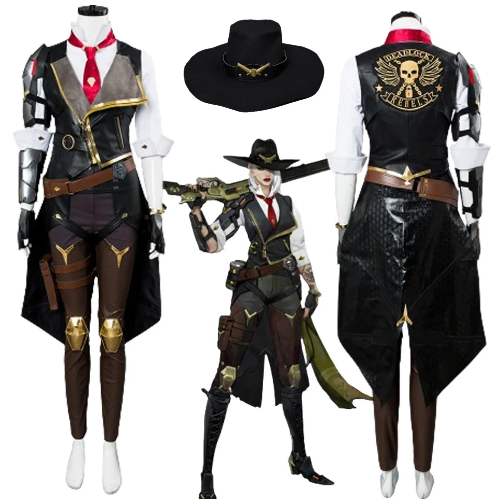 OW Ashe Cosplay Fantasia Kostuum Elizabeth Fantasy Cosplay Ashe Jas Broek Hoed Outfit Volwassen Vrouwen Vermomming Halloween Kostuums