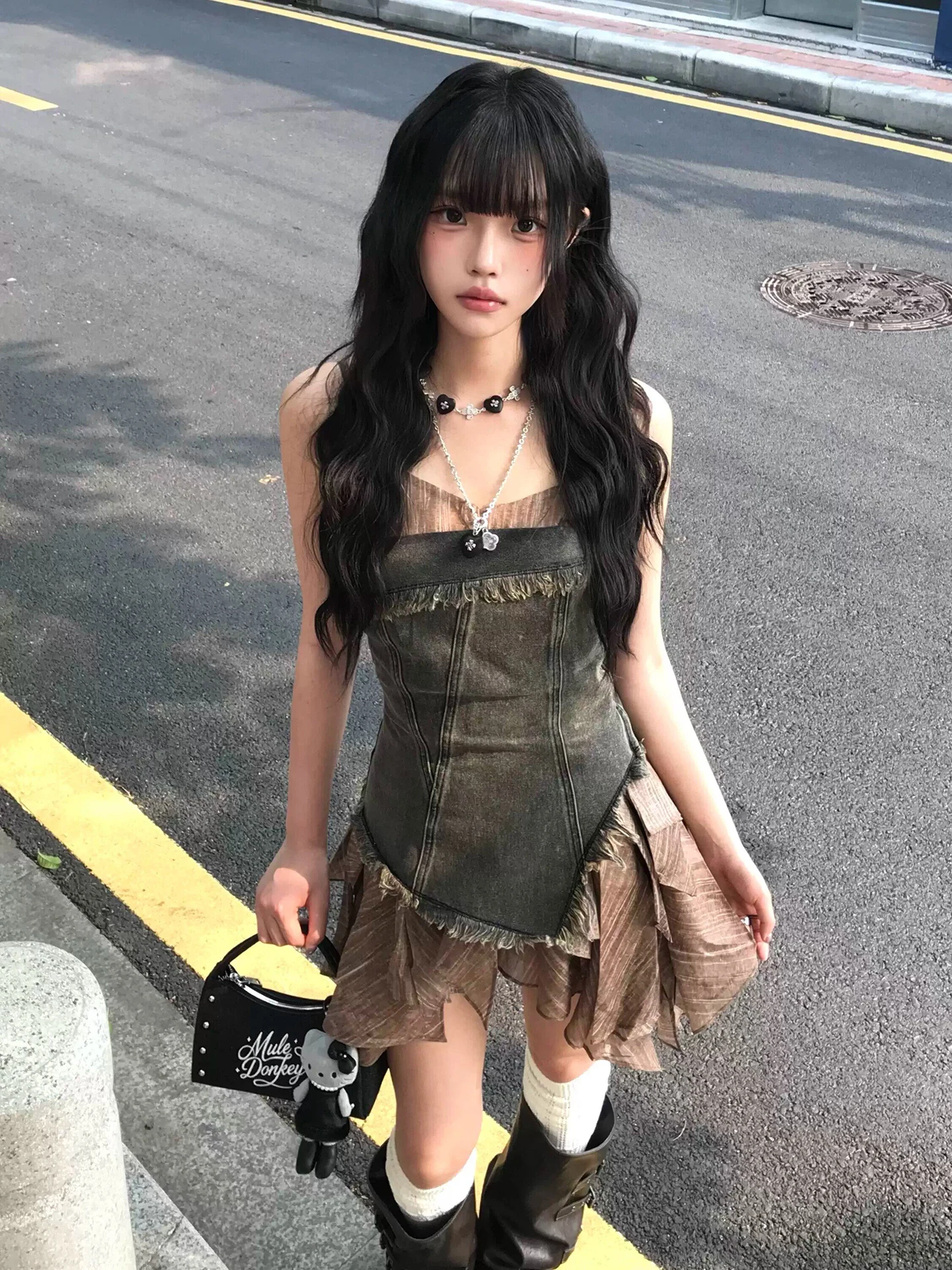 

Korean Design Summer Sweet Cool Sexy Uneven Hem Denim Dress Women's Fashionable Fake Two-Piece Strapless Dress Casual Style