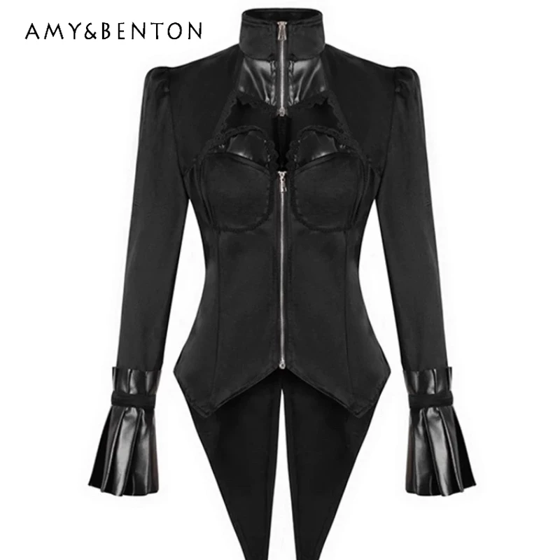 

Gothic Dark Stand Up Collar Hollowed Out Women's Clothing Autumn New Sexy Low Cut Leather Trumpet Sleeve Tailcoat Jacket Ladies
