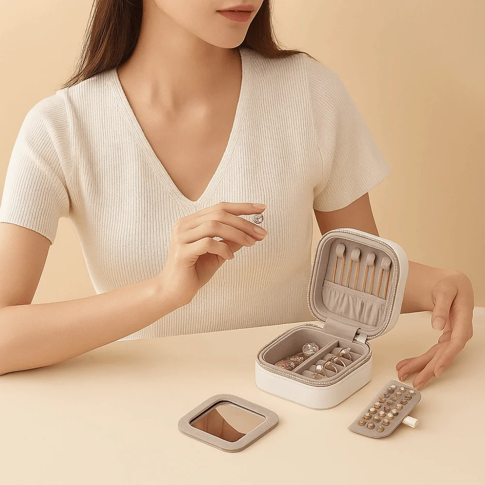 

Portable Solid Color Mirror Jewelry Box Lightweight Large Capacity Jewelry Storage Case Detachable Necklace Storage Box Vacation