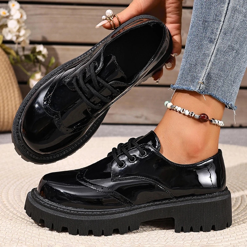 

Women's Shoes Classic Black Office Work Shoes High Quality Patent Leather Thick Sole Single Shoes for Women Lace Up Oxford Shoe