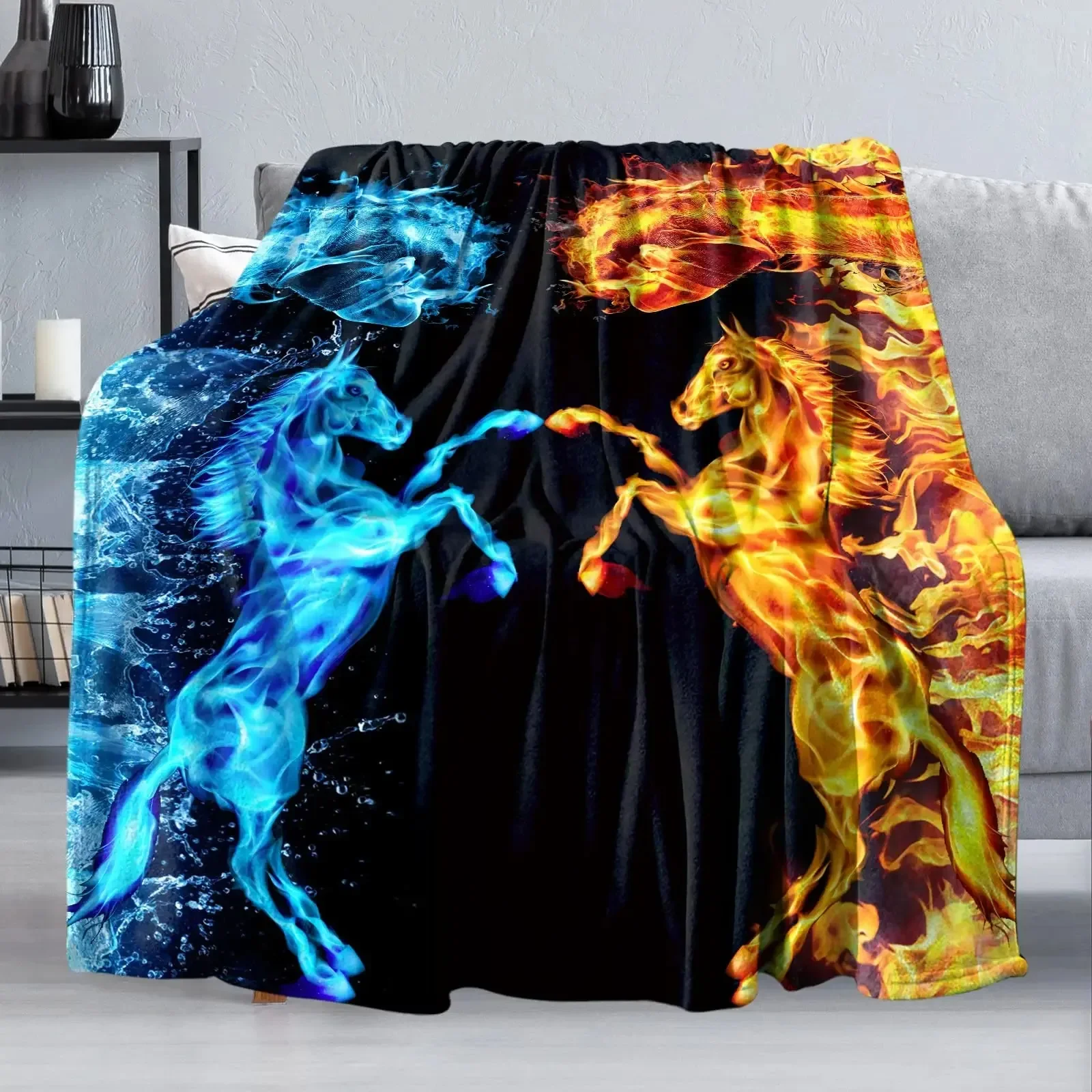 Magic Horse Blanket, Ice and Fire Collide Blue and Red Flames Blaze Wolf Tiger Animals Theme Flannel Throw Blankets for Sofa Bed