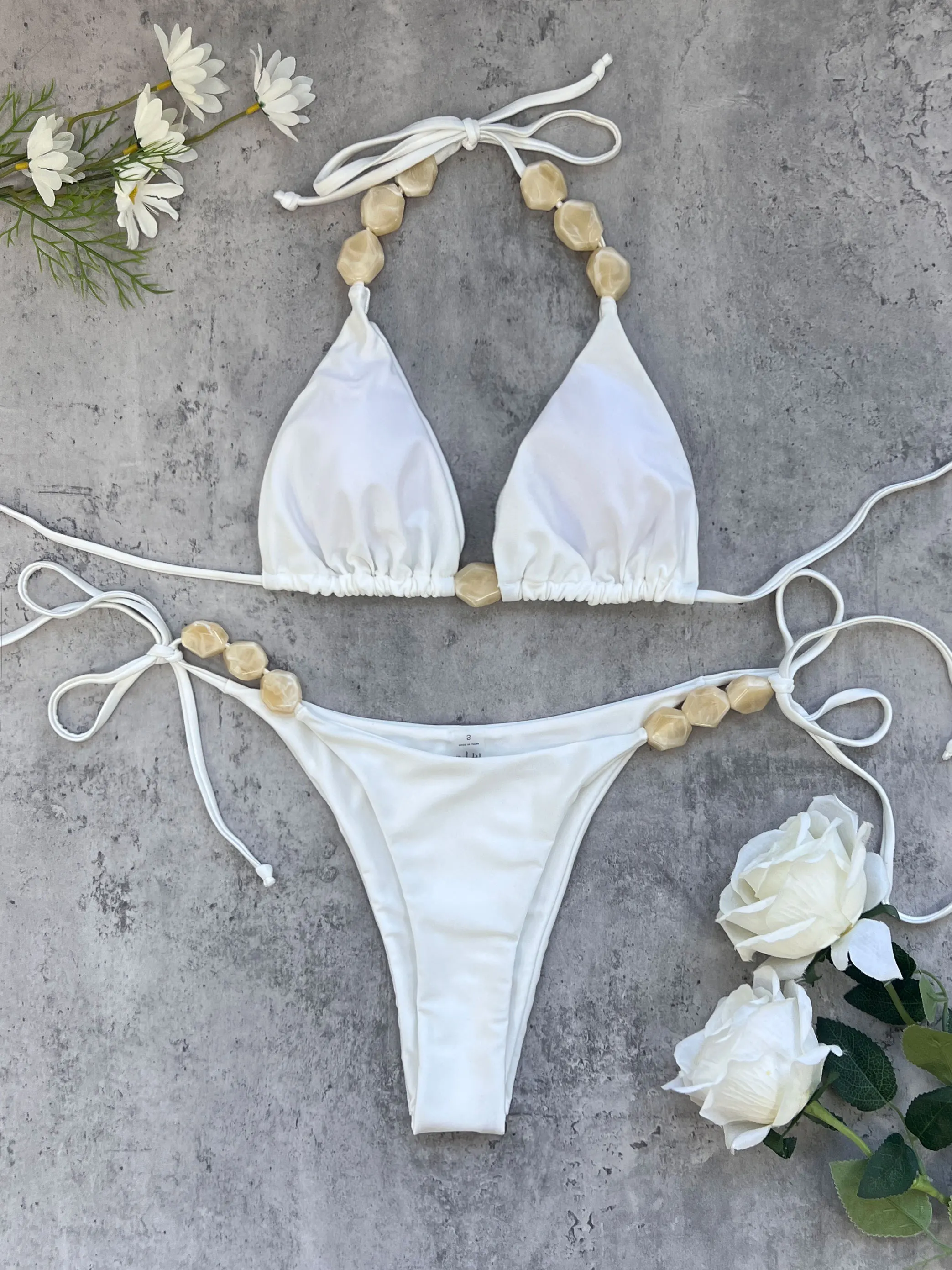 

Элегантный женский купальник-бикини с бисером, открытой спиной, завязками и низкой талией, летний комплект из двух частей