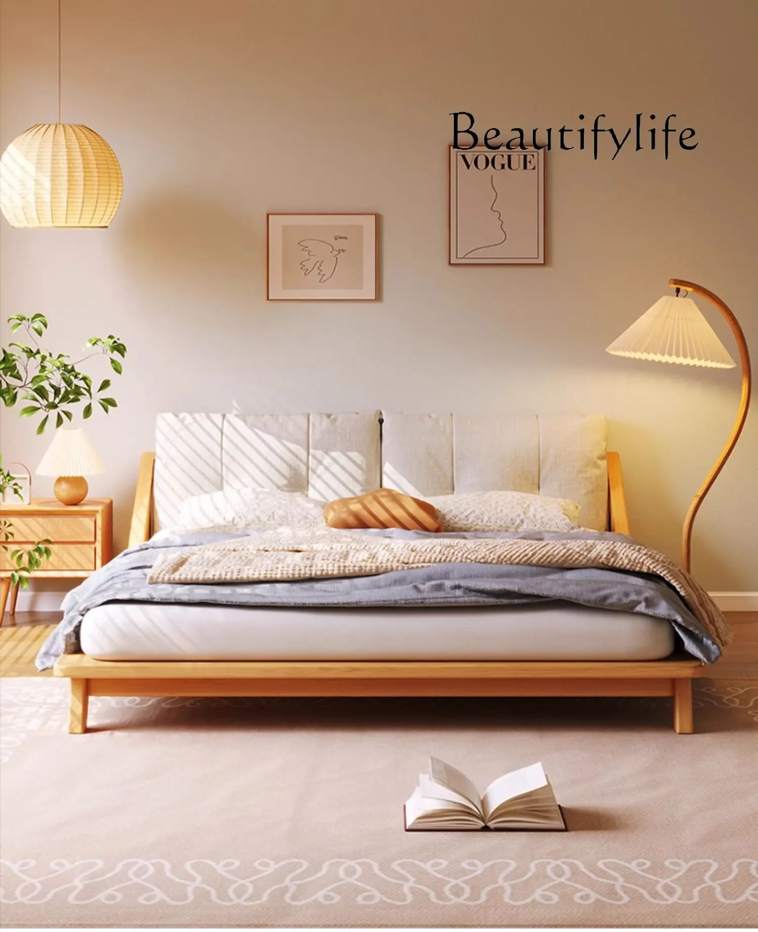 Nordic Solid Wood Simplicity Japanese Style Log Cream Style Tatami Double Bed Small Apartment