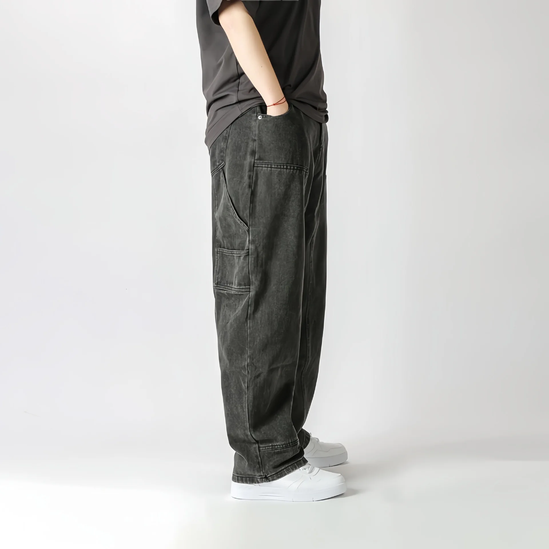 Autumn Winter Vintage New Fashion Men Elastic Waist Straight Solid Color Simple Basic Casual Denim Trousers Male Jeans Pants