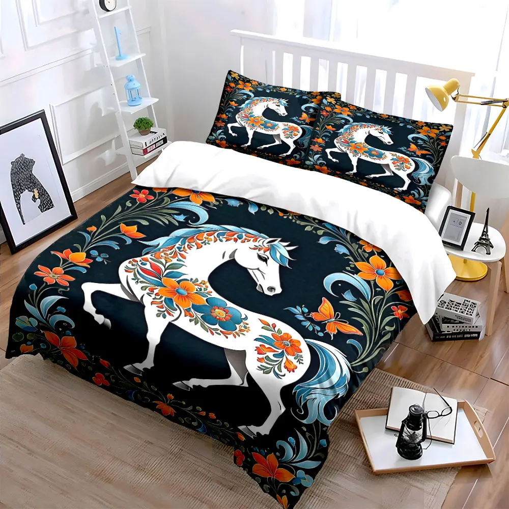 Painted white horse with floral patterns Duvet Cover Set with 3D Printing Design Soft Polyester Bedding Set All-Season Comfort