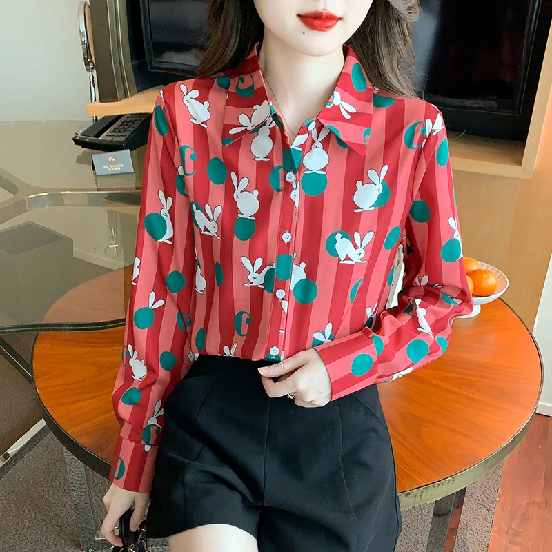 Spring Red Long Sleeve Top Female Elegant 2024 Fashion Cartoon Rabbit Print Shirts Woman Luxury Casual Blouse For Women Vc87