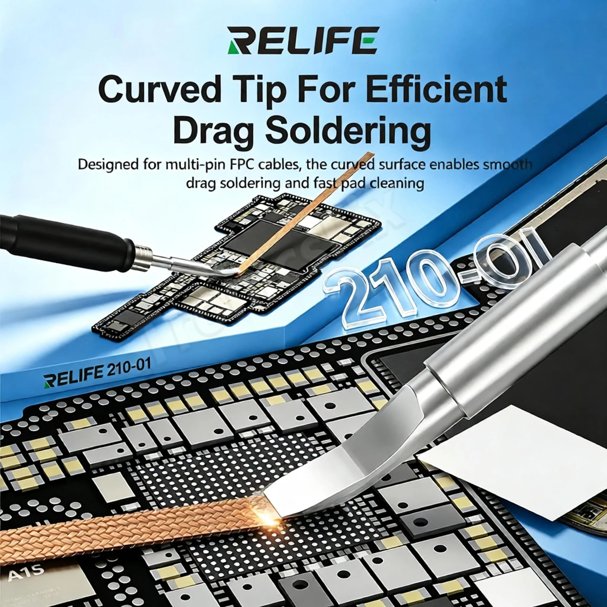RELIFE 210‑OL Curved Soldering Tip, for Motherboard FPC Pad Soldering & Desoldering, Mobile Phone Component Repair Tools