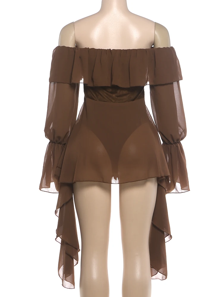 Weird Puss Rüschenrand Elegantes Bodysuit-Kleid für Damen, Mesh-Patchwork, schräger Ausschnitt, ausgestellte Ärmel, Geburtstagsparty-Stil, Mini-Bodycon – Detail 5