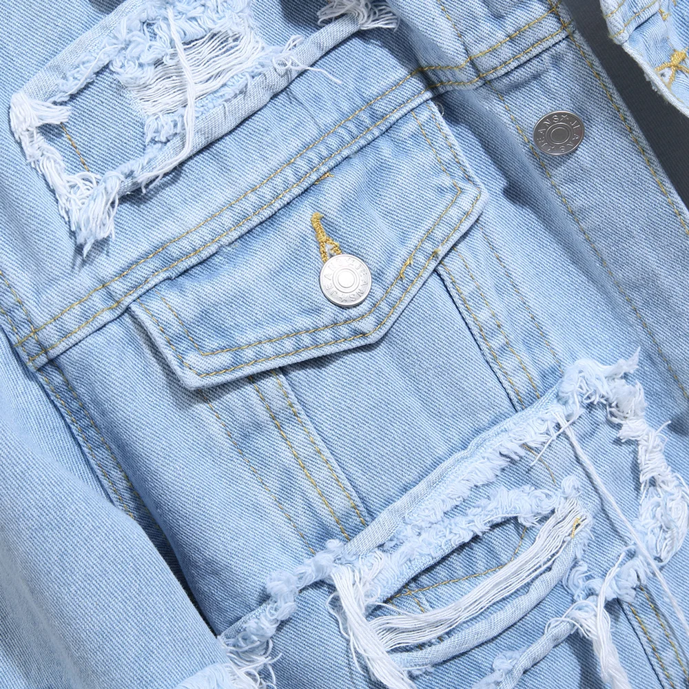 Stylish Street Style Men Ripped Distressed Stacked Splicing Slim Denim Jacket High Quality Male Motorcycle Jacket Coat