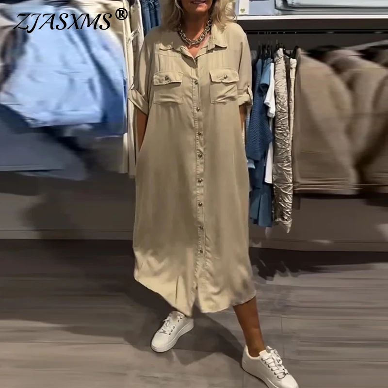 Elegant หลวม A-Line Retro Jean ชุดสํานักงาน Lapel ครึ่งแขน DENIM ชุดผู้หญิงแฟชั่นเดี่ยว Boho ชุดยาว