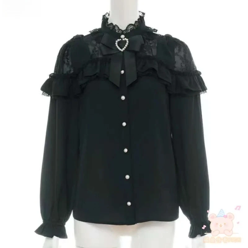 

Японский стиль SC, весна-осень, новая кружевная лоскутная рубашка с бантом и воротником-стойкой, универсальные милые топы в стиле Лолиты для массового производства для девочек