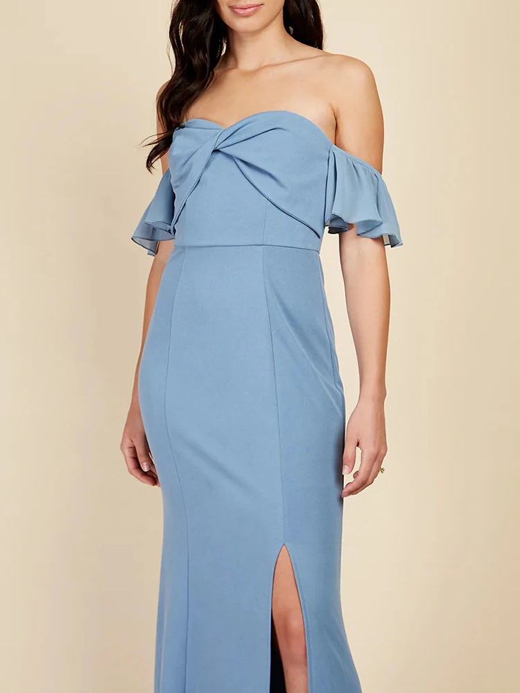 Lucyinlove-vestido de noche elegante de gasa azul sin tirantes, vestidos de dama de honor con abertura larga para mujer, vestido de noche elegante para fiesta y graduación