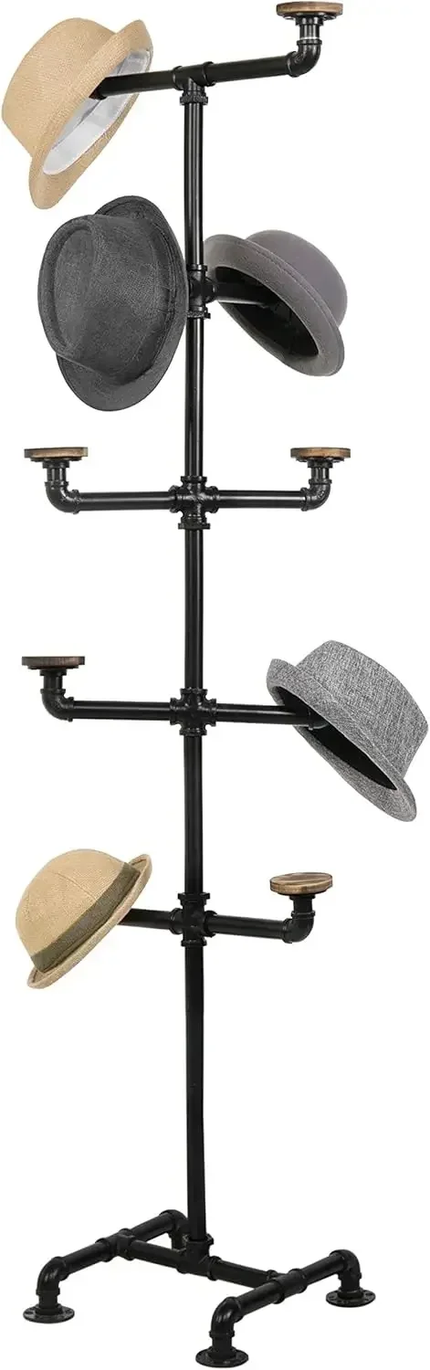 Industrial Black Metal Pipe Rack with 10 Round Rustic Burnt Wood Hat Hangers, Decorative Pipework Stand with Hooks for Hanging