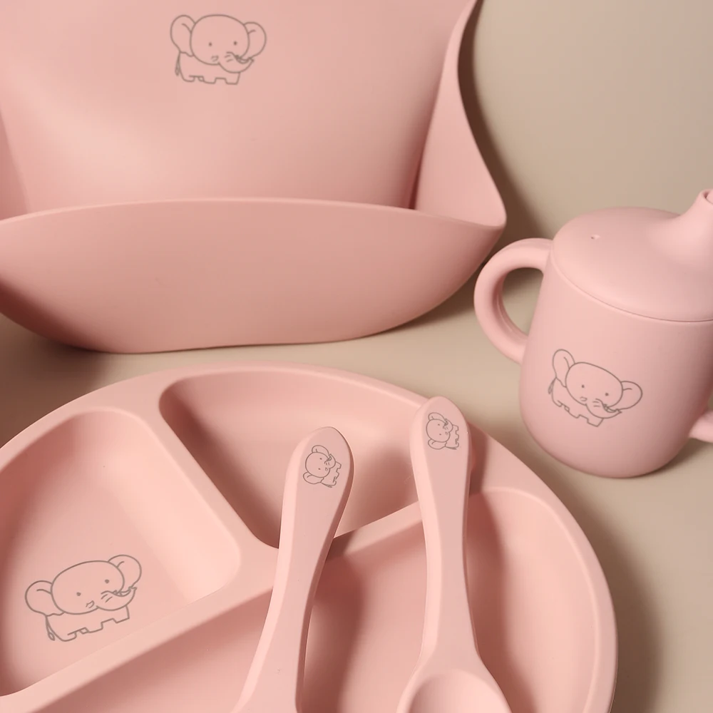 New arrival elephant design  silicone baby feeding set  Baby Silicone Tableware Set suction plate and bowl baby girl gift