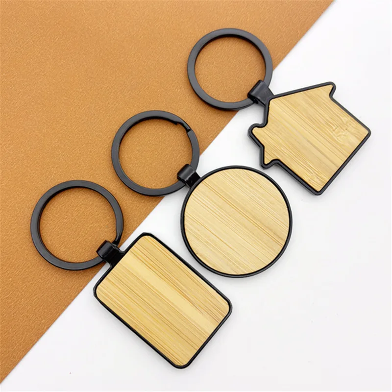 

Laser LOGO Bamboo Wooden Metal Rotate Round Rectangle Keychain Blank Personalize Wood Opener Key Chain Custom House Keyring