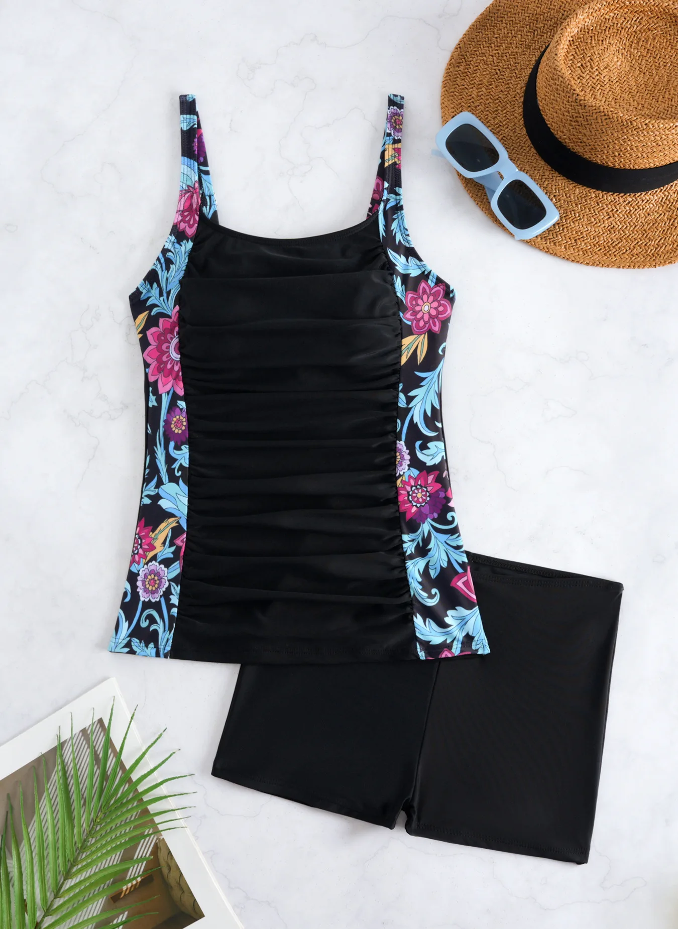 Women Tankini Swimsuit Square Neck Ruched Floral Panel Swim Top with Boyshort Swim Bottom
