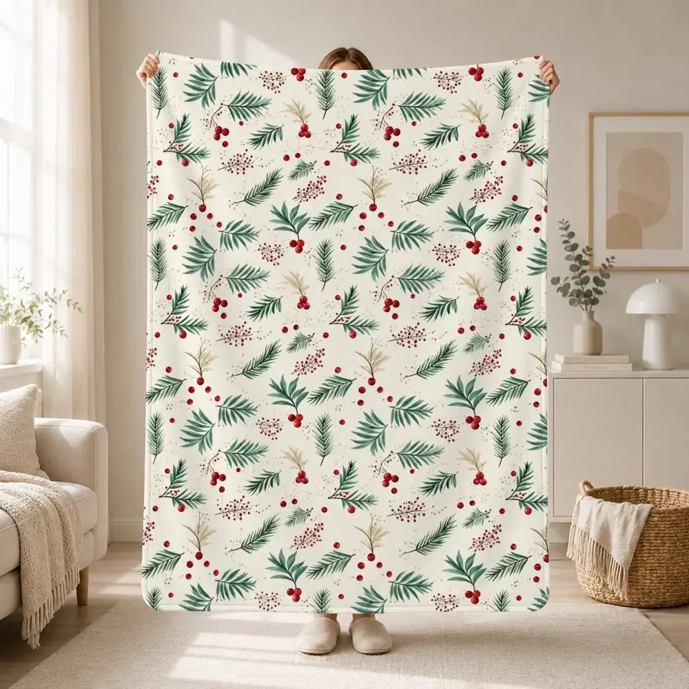 Cozy Christmas Botanical Cream Base Pine Needle Red Berry Throw Soft Plush Flannel Throw Blanket Sofa Bed Travel Home Decor