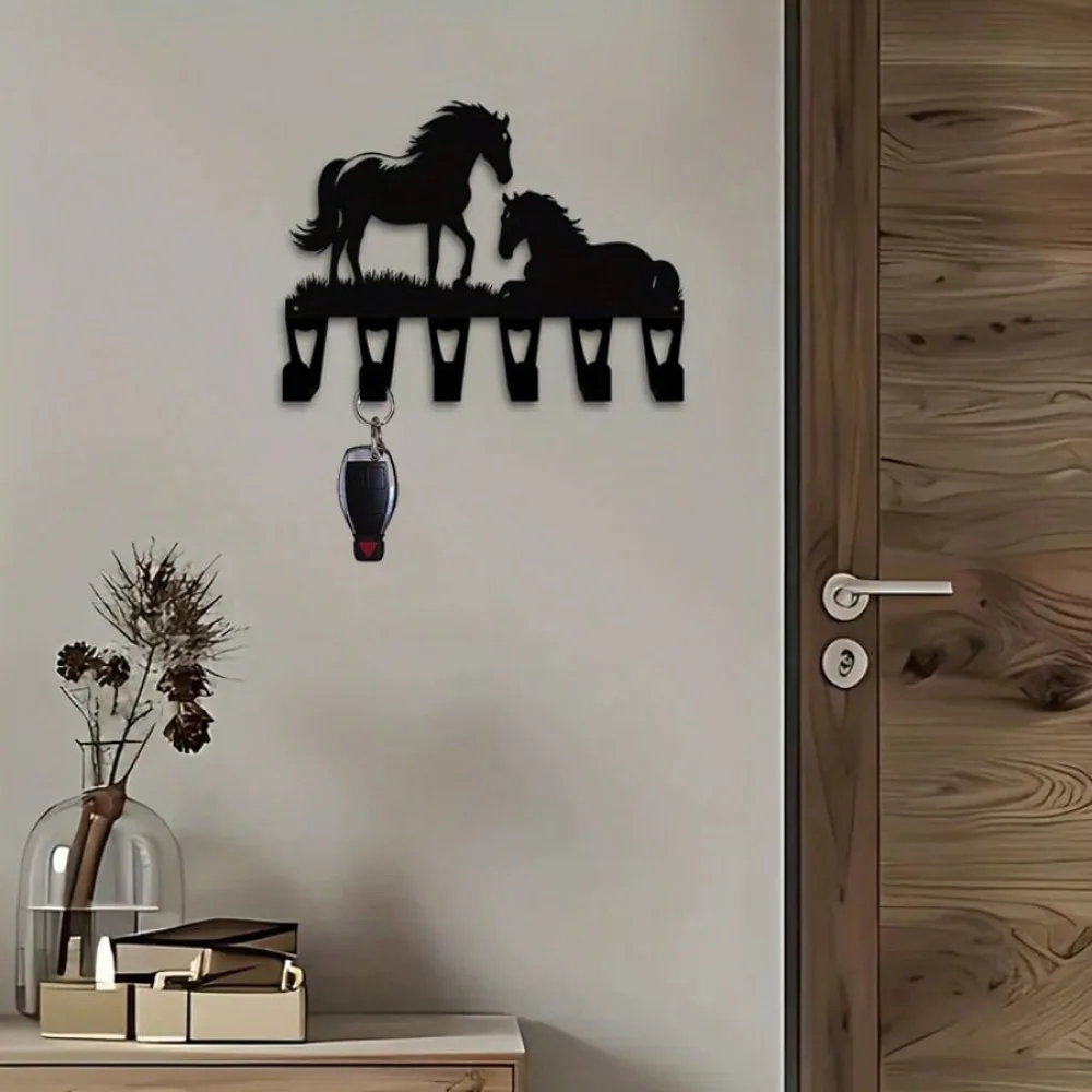 Vintage Horse Key Holder Wall Decor, Heavy Duty Iron Key Rack with 6 Hooks, Sturdy Metal Entryway Decor for Corridor & Bedroom,