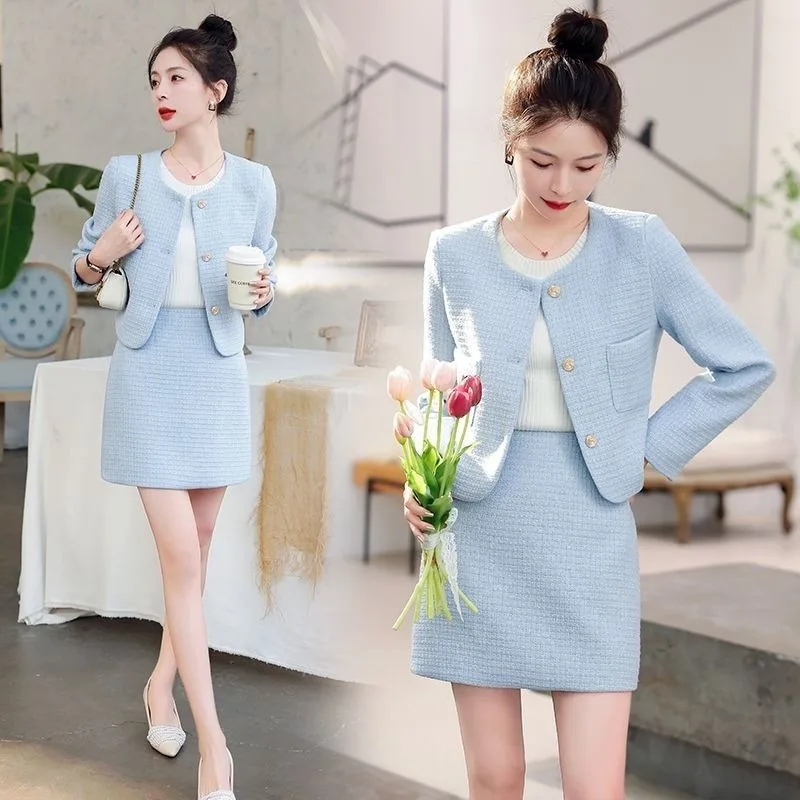 

Новый элитный маленький ароматный женский костюм, осеннее модное короткое пальто с круглым вырезом и длинными рукавами + мини-юбка, офисный женский комплект из двух предметов