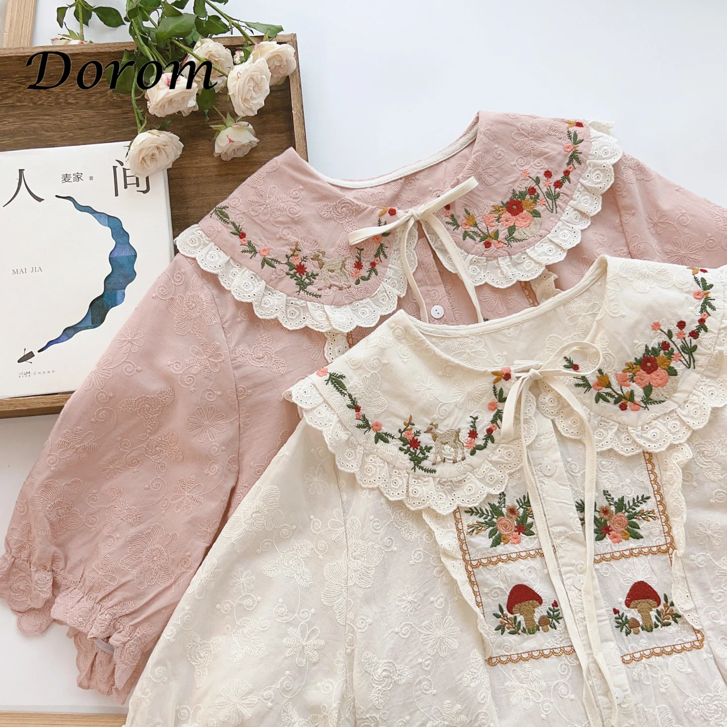 

Vintage Embroidery Flower Mori clothing sweet peter pan collar short sleeve lolita shirt Japanese style Casual Cotton Linen Tops