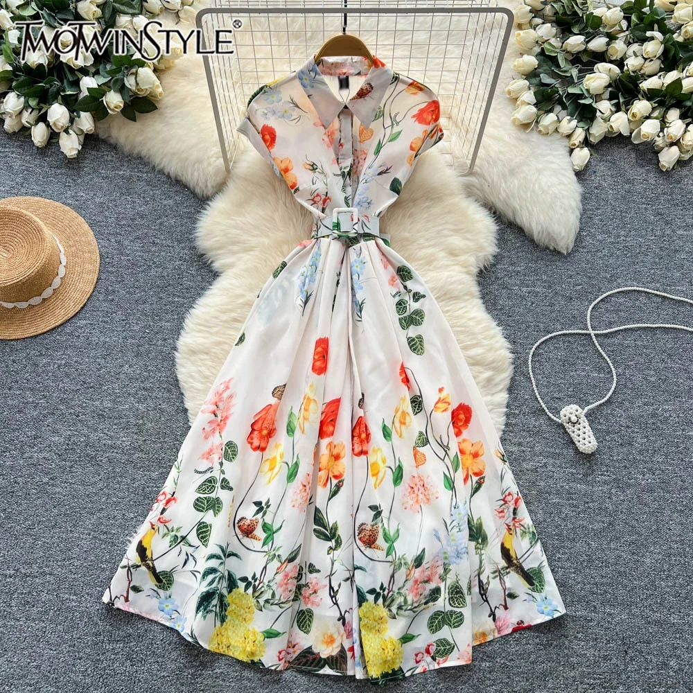

TWOTWINSTYLE Cute Slimming Printing Dresses For Women Lapel Sleeveless High Waist Temperament Dress Female Fashion New KDR542929