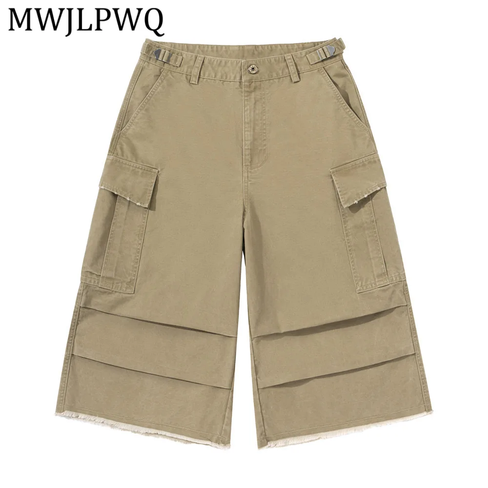 

MWJLPWQ Distressed Rough-Edge Workwear Men's Loose-Fit Casual Pleated Design Multi-Pocket Straight-Leg Mid-Length Shorts 14655