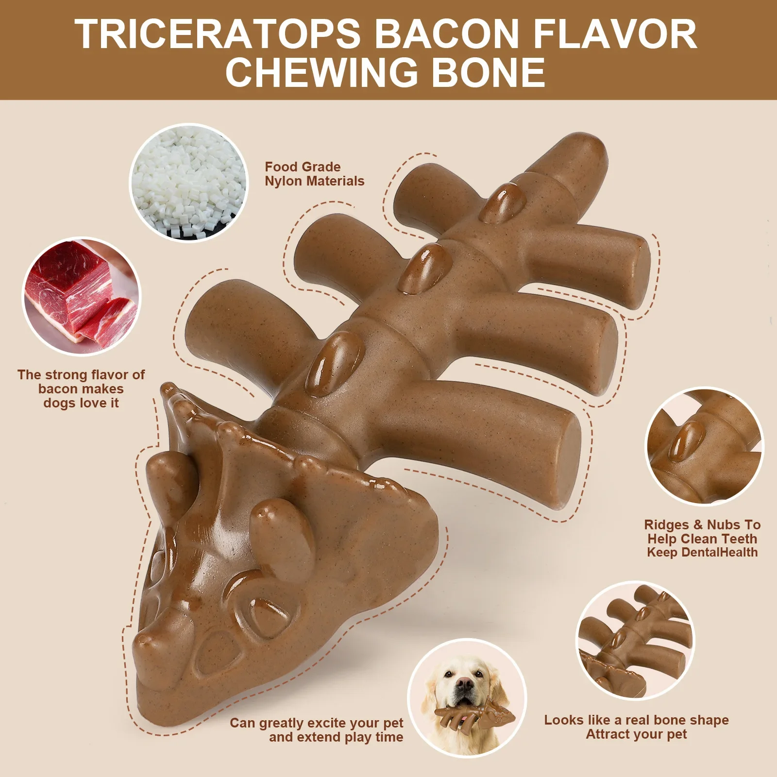 Dog Chew Toy for Aggressive Chewers Durable Wishbone Real Bacon Flavor