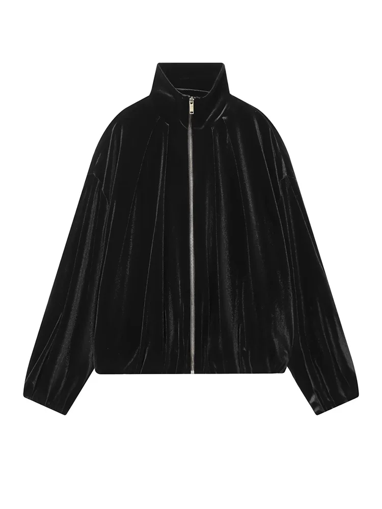

Женская модная куртка-пилот из однотонного бархата с длинными рукавами, на молнии, с воротником-стойкой, повседневная короткая куртка свободного кроя, приталенная, в уличном стиле