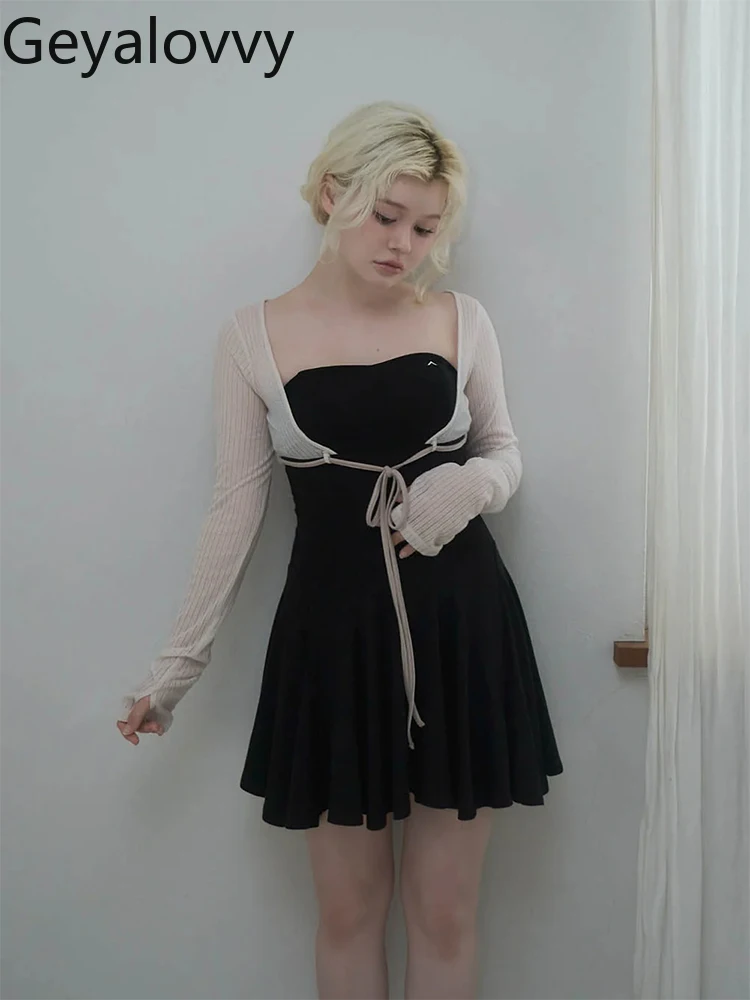 

Japanese Style Pure Desire Fake Two-Piece Color Matching Long Sleeve Dress Sweet Girl High Waist Strapless Mini Slim Dress