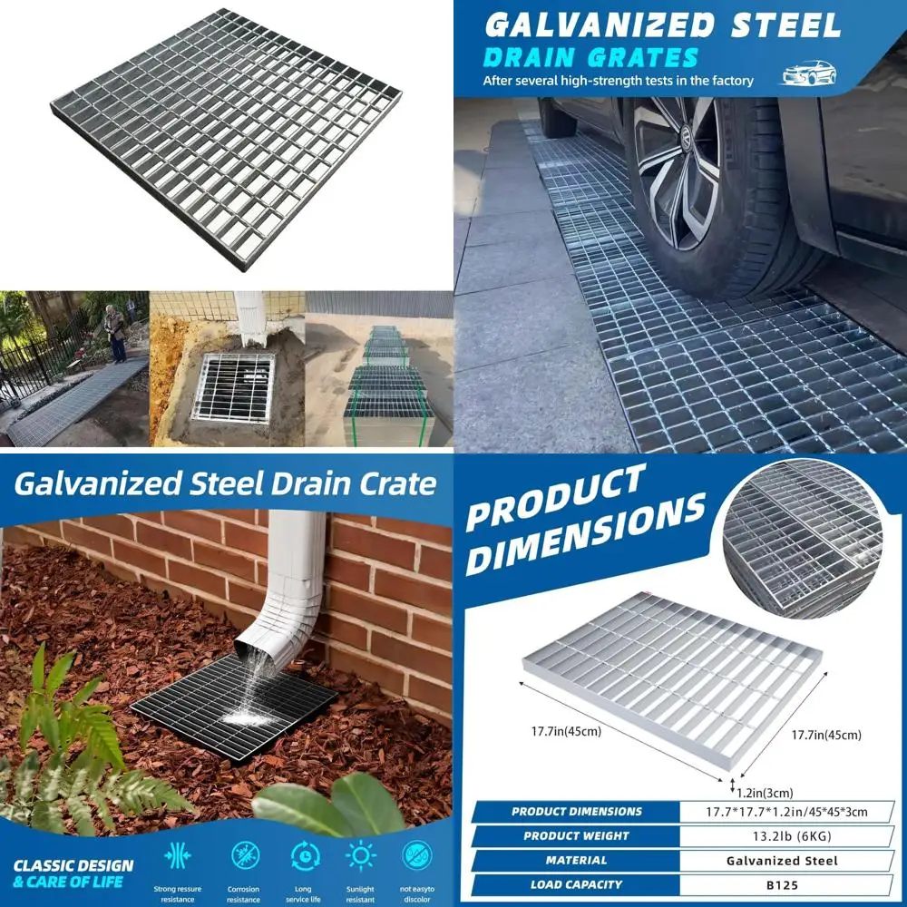 

Heavy Duty Galvanized Steel Drain Grate, 17.7x17.7 Inches B125 Class Channel Cover, Rust-Proof Sewer Grate for Outdoor Use
