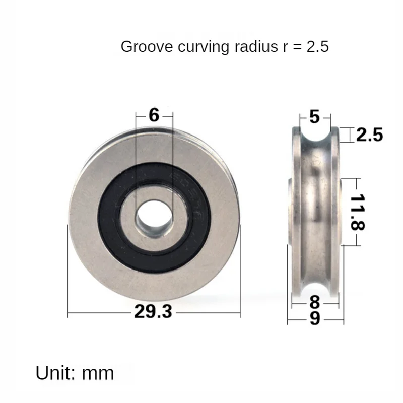 Koło pasowe ze stali nierdzewnej 6 * 29,3 * 8 mm, stalowa zawiesia linowa, wodoodporne, nierdzewne, rowek koła łożyskowego bez SUS304, typ rowka U