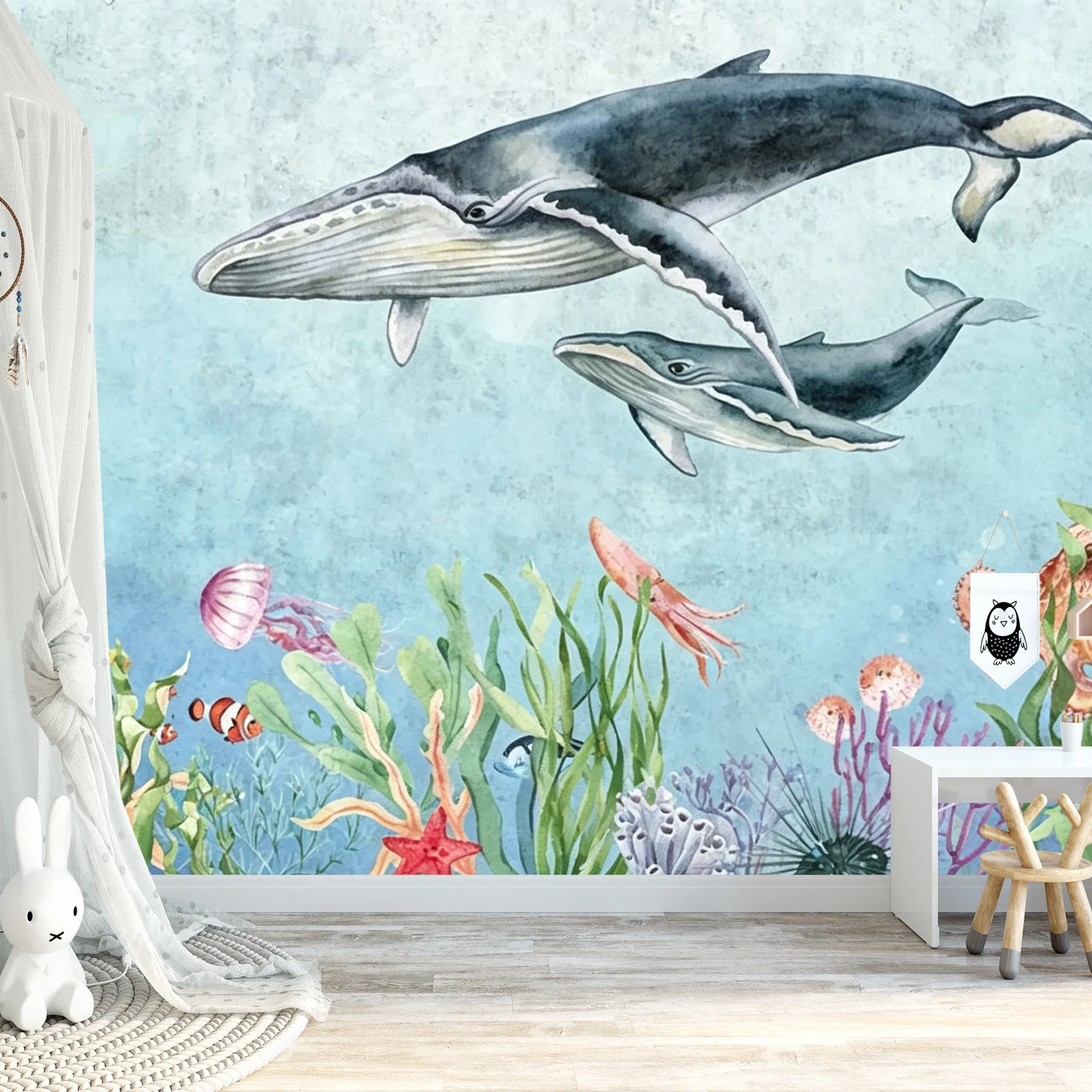 Custom Mural Wallpaper Kids Ocean Peel And Stick Wall Whale Turtle Fish Coral Seaweed Underwater For Nursery Bedroom Home Decor