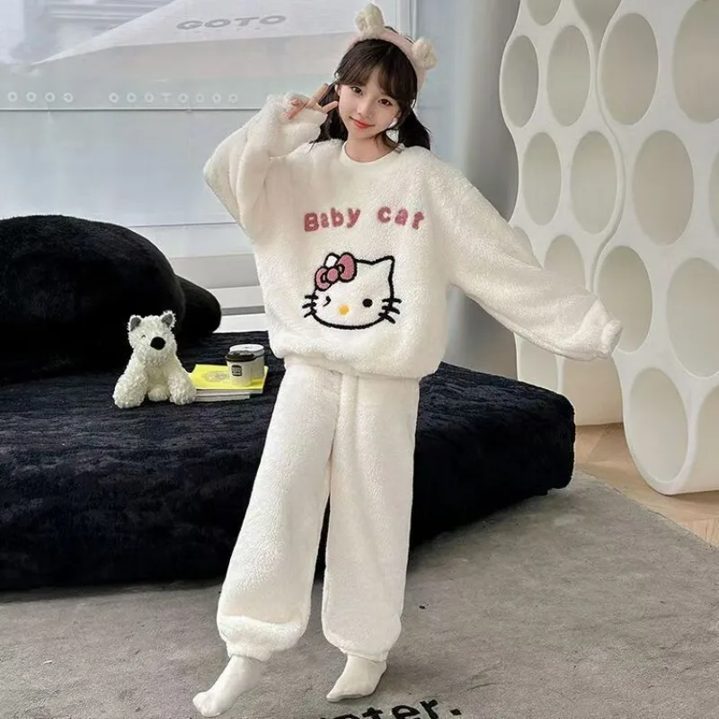 

Winter Kawaii Hello Kitty Sanrio Students Cute Cartoon Plush Comfortable Warm Pajamas Children Hoodie Trousers Gift for Kids