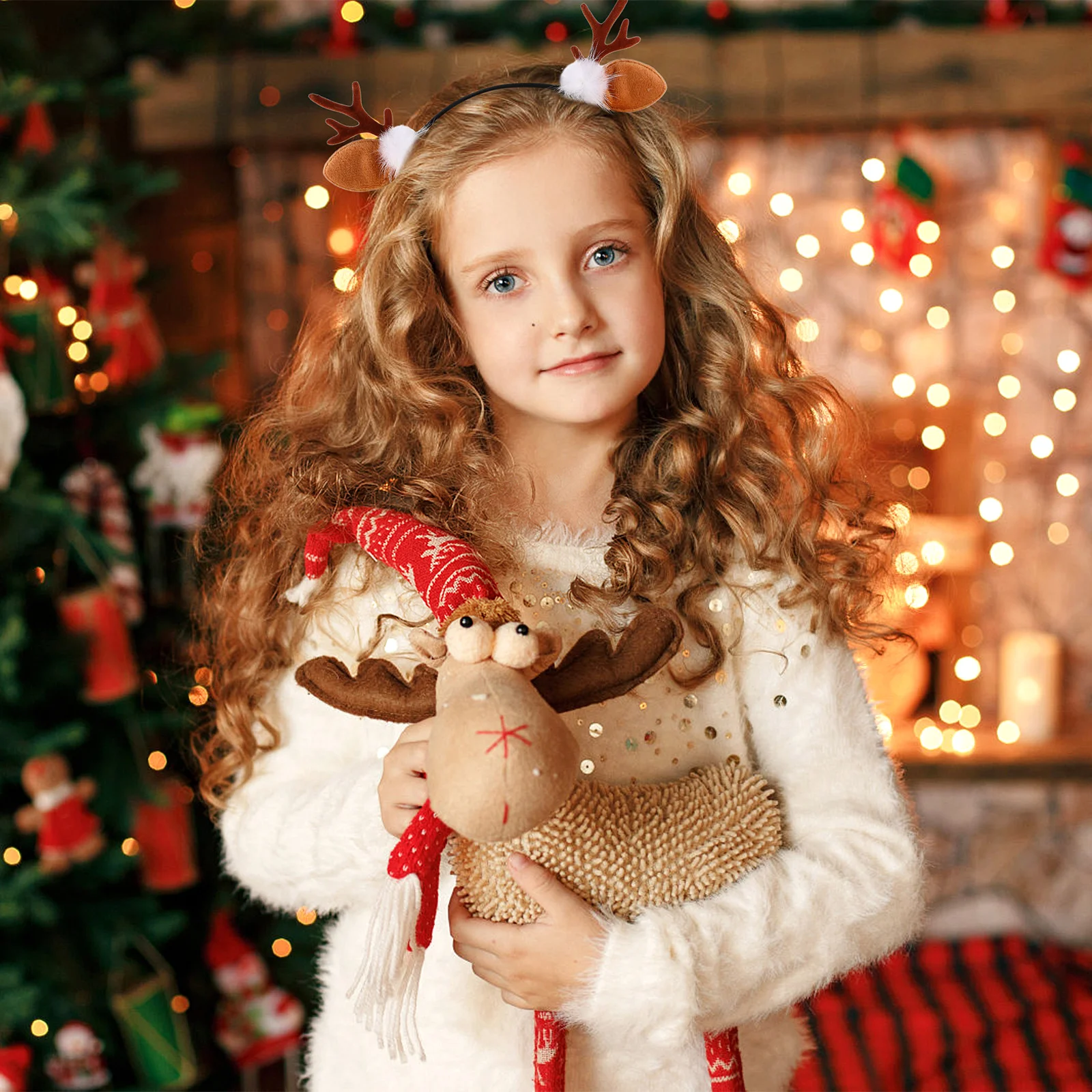 

2Pcs Adorable Elk Horn Hairband Holiday Party Headdress Resin Flocked Xmas Decor for Children Adults Dance Event Photo Shoot Use