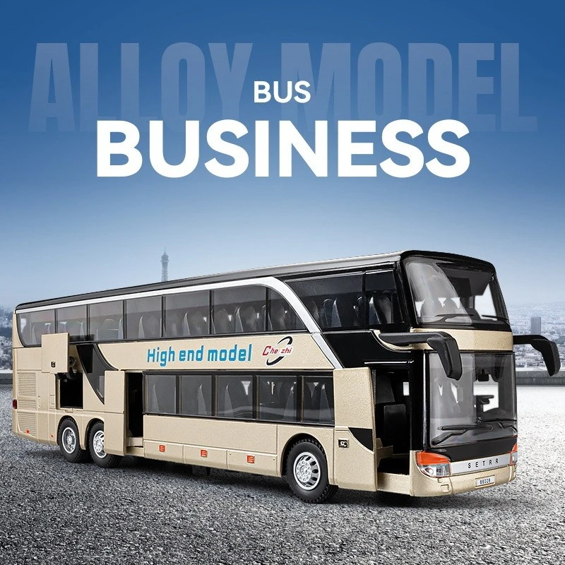 1:30 Business Single Double Decker Bus Toys Cars Diecast Alloy Models Doors Opened with Sound Light Pull Back Vehices Kids Gifts
