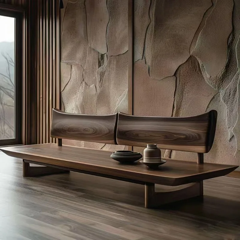 Chinese walnut-colored solid wood sofa, living room straight row small apartment furniture