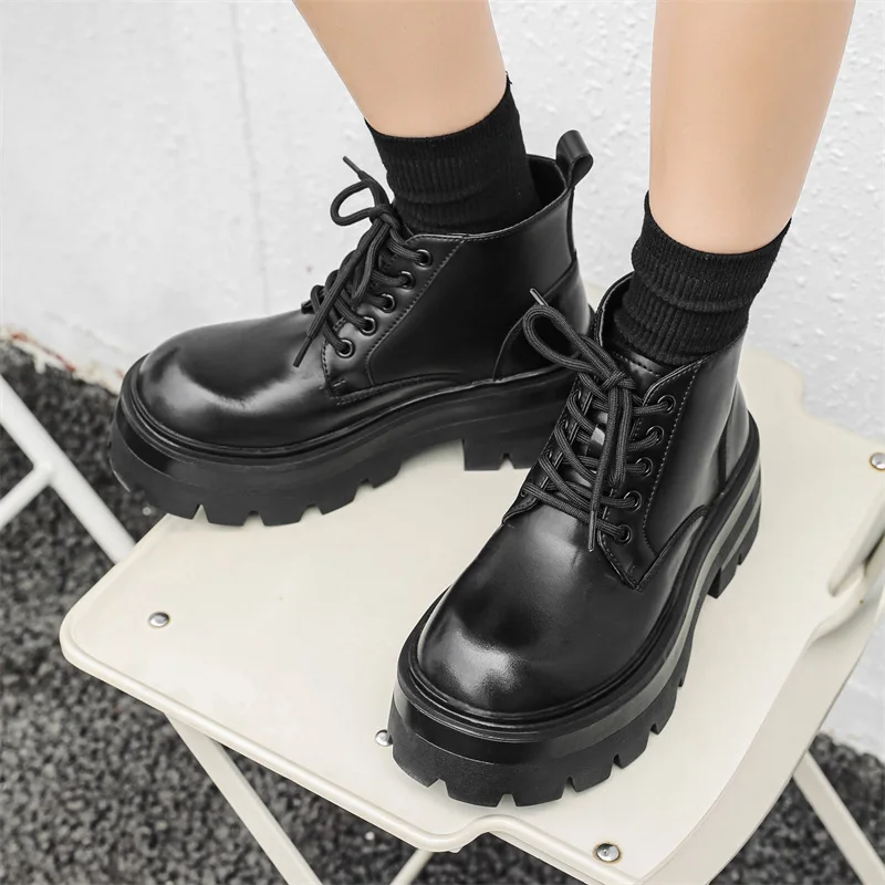 plus size men\'s casual platform boots lace-up genuine leather shoes punk rock dress cowboy ankle boot handsome chunky botas male