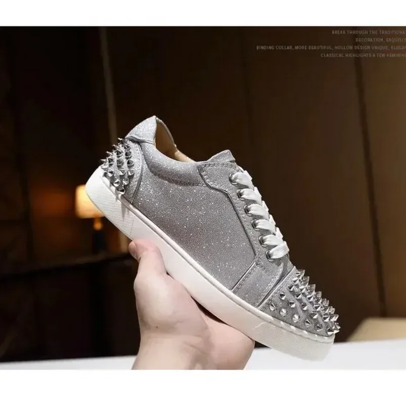 New Designer Luxury Men's and Women's Low-top Men's Shoes Red Bottom Flash Powder Silver Rivets Black Sequin Leather Large Size