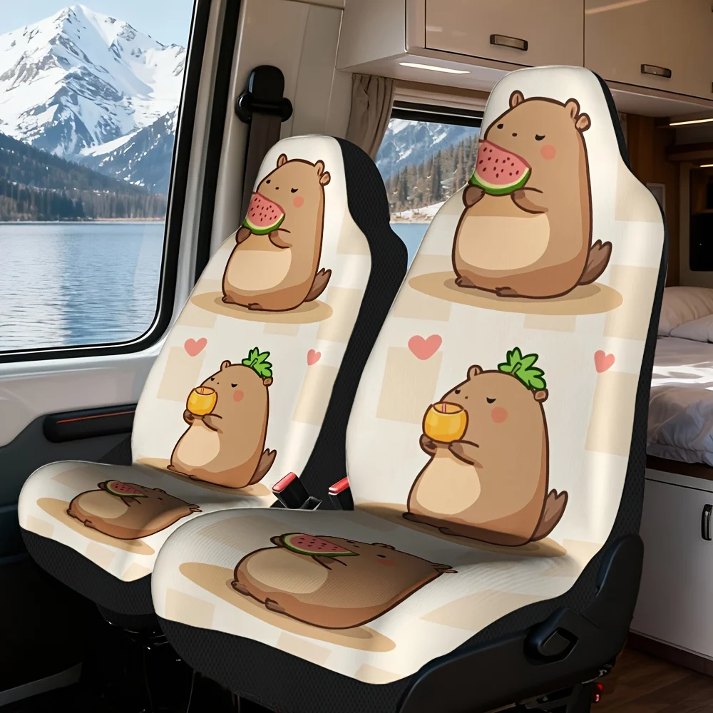 2pcs Universal Car Seat Covers Set, Capybara Cute Moments Print, Trendy Vehicle Seat Covers. Fits Weekend Picnic Trips & Daily P