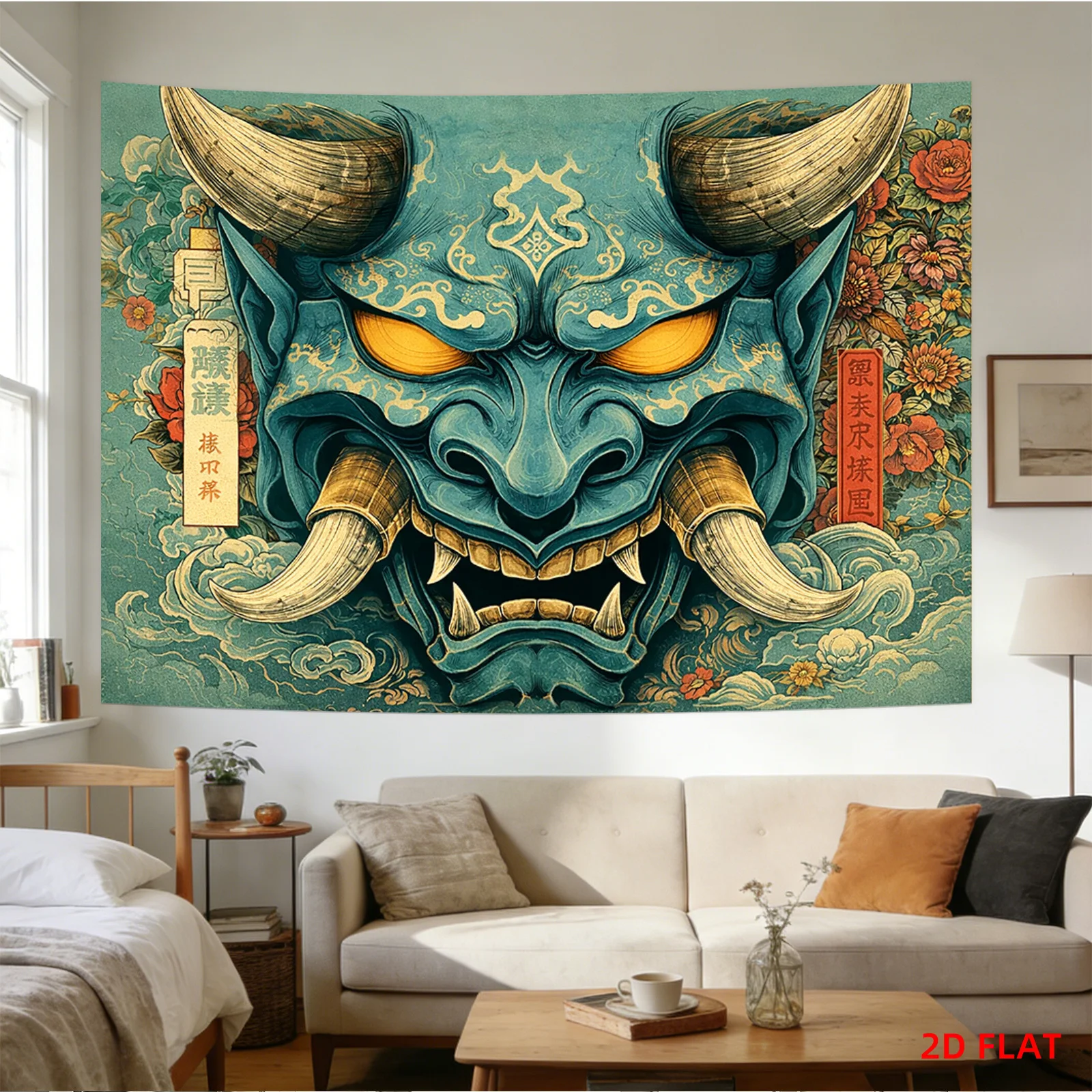 VIKAMA Japanese Retro Prajna Mask Tapestry China-Chic Sea Wave Living Room Tea Room Decoration Room Decoration