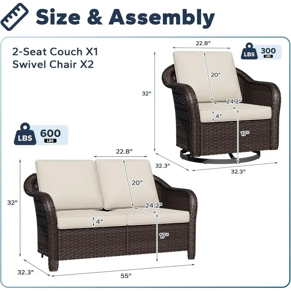 3-Piece Outdoor Patio Set with 55 Sofa, Washable Cushions, Swivel Rocker Chairs, and 2-Seat Wicker Couch in Beige