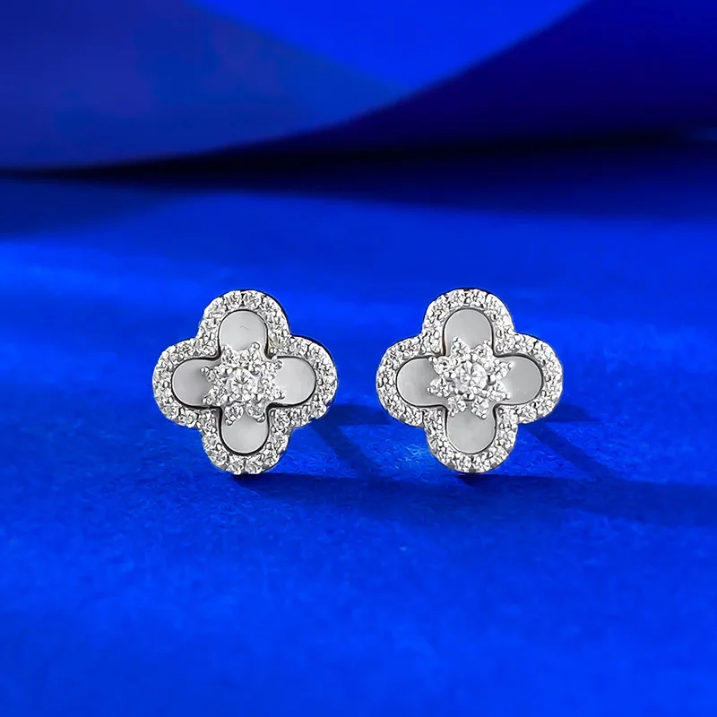 

S925 Sterling Silver Cubic Zirconia shell Four Leaf Clover Earrings for Women