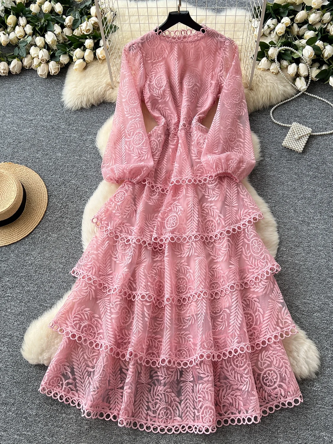 

Элегантная женская юбка с вышивкой и кружевом, осенняя коллекция 2025, с драпировкой на талии, сложной отделкой, длинная, в корейском стиле