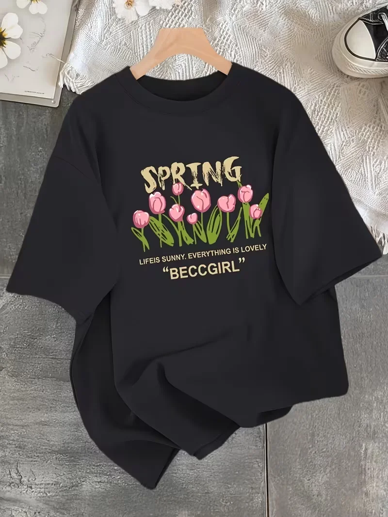 Spring and Summer Tulip T Shirt Casual Floral Print Short Sleeve Crew Neck Soft Breathable Eco Friendly Women Everyday Wear