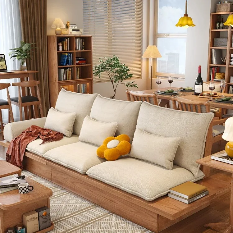 

Customizable Japanese Solid Wood Sofa Log Cherry Wood Small Apartment Nordic Simple Storage Three